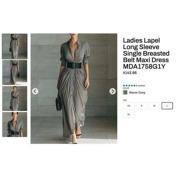 Ladies Lapel Long Sleeve Single Breasted Maxi Dress with Black Belt - Picture 1 of 5